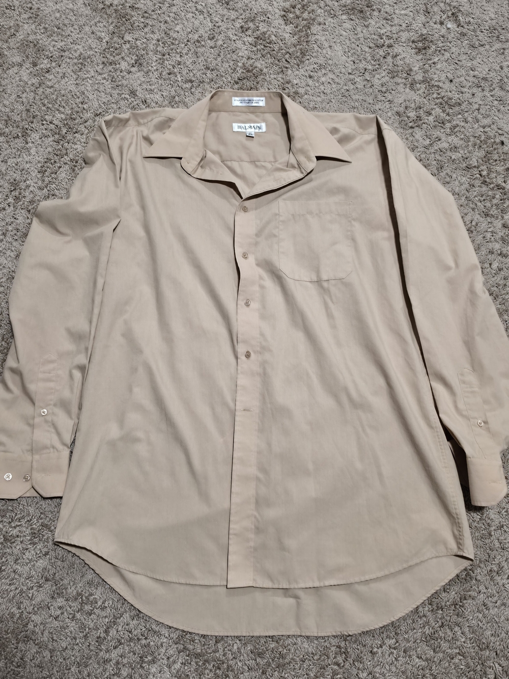 Men’s Vintage Balmain Long Sleeve Button-Down Shirt, Beige, Size LT (16.5 36/37)